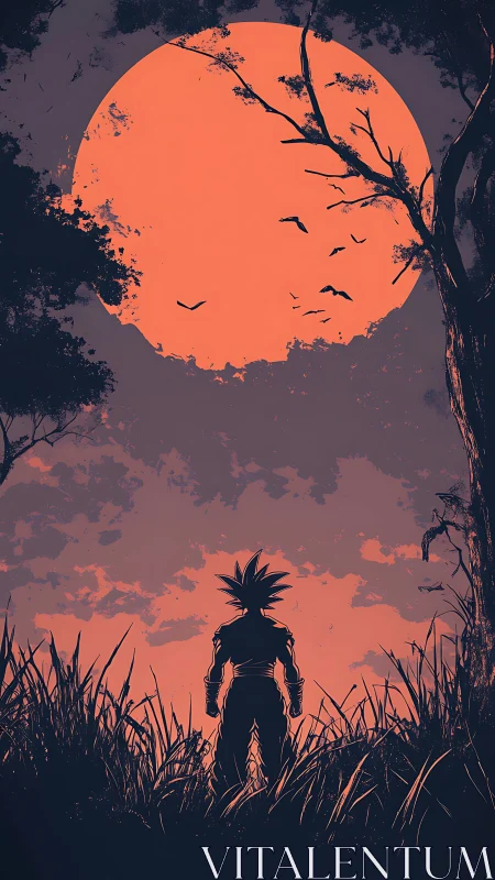 Silhouetted figure observing large red moon above horizon.