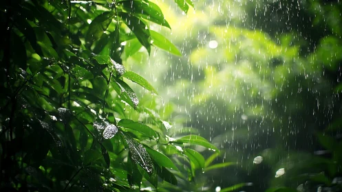 Rainlit jungle leaves shimmer in a quiet emerald downpour.