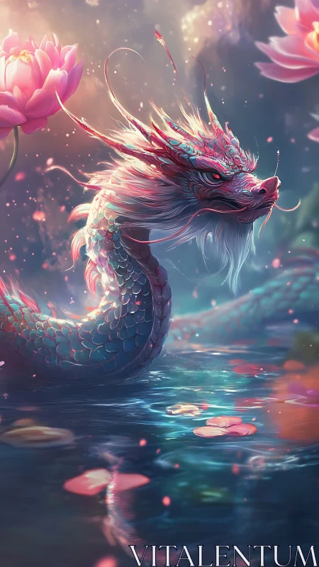 Serene water dragon glides through glowing lotus blossoms