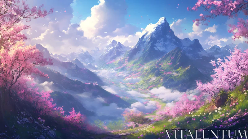 Snowy mountain valley framed by vivid pink blossom trees.