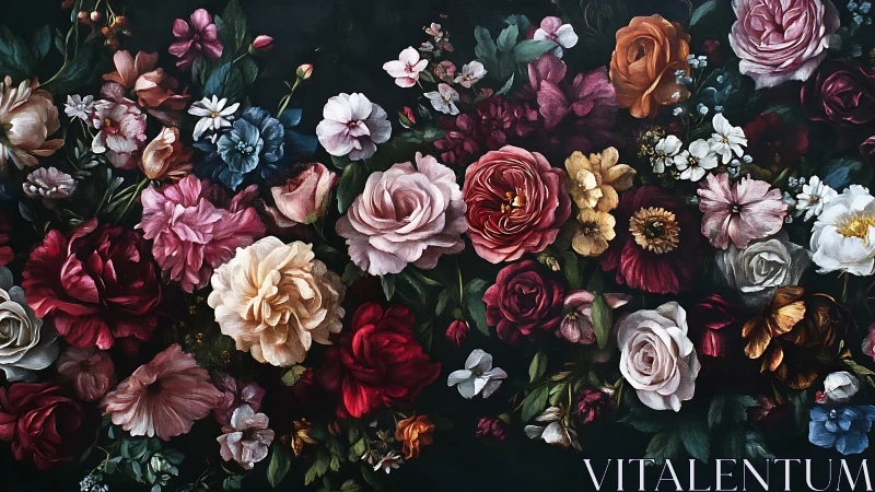 Dark Floral Garden: Dense Blooms Against Black Background.