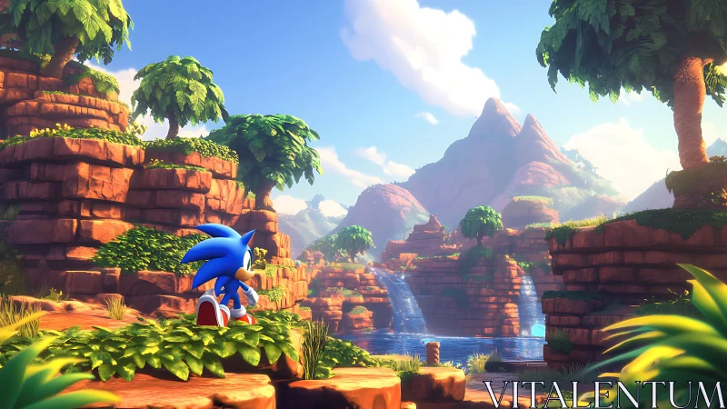 Blue hedgehog on stylized canyon plateau overlooking waterfalls
