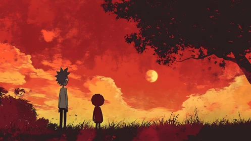 Chromatic twilight field with silhouetted duo under scarlet sky.