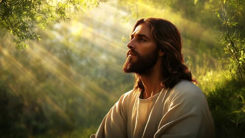 Bearded robed figure in sunlit forest clearing, side profile.