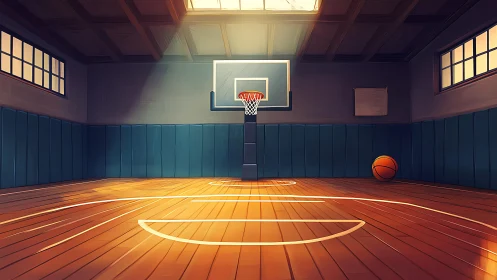 Sunlit hardwood court with central hoop and idle basketball.