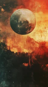 Lunar sphere over textured red and dark atmospheric field.