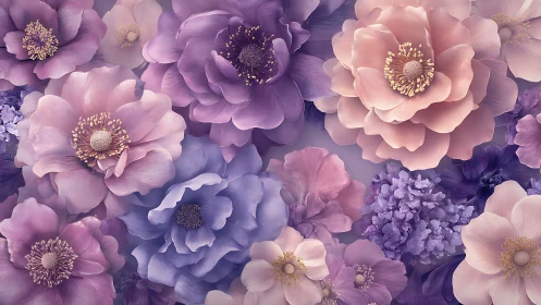Layered floral composition with pink and purple blooms arranged densely.