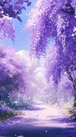 Wisteria-lined woodland path under diffuse lavender daylight