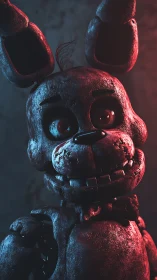 Rusted animatronic rabbit under harsh red rim light.