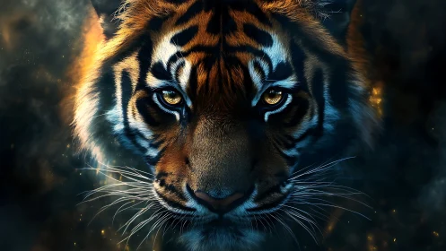 Cosmic-eyed tiger prowls through ember-flecked midnight haze.