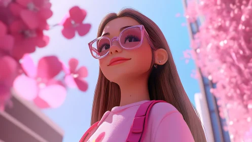 Bright city stroll with a pink loving girl in soft sunlight