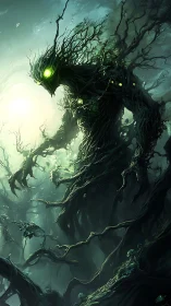 Dark forest guardian made of twisted roots and branches.