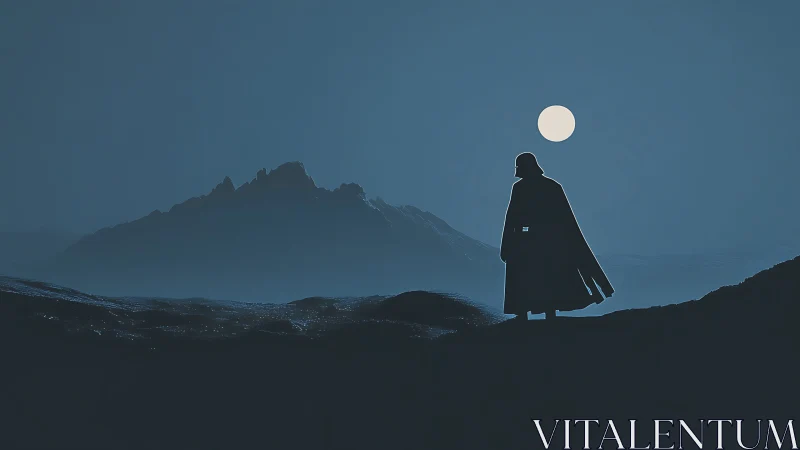 Lone cloaked figure surveys moonlit mountain horizon at dusk