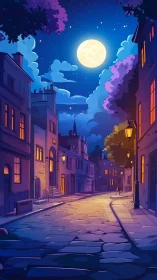 Moonlit cobblestone street with residential buildings at night.