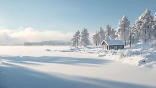Snow covered cabin beside frozen lake under clear sky.