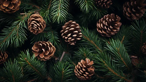 Photorealistic evergreen boughs with sculptural pine cones.