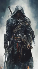 Hooded warblade operative in weathered tactical leathers.