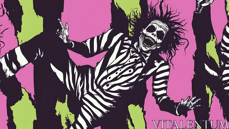 Striped skeleton figure repeats over pink and green background