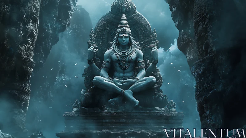 Mystical stone deity statue seated in misty cavern shrine.