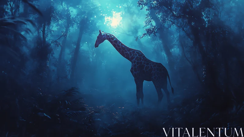 Giraffe in luminous blue forest under ethereal mist glow.