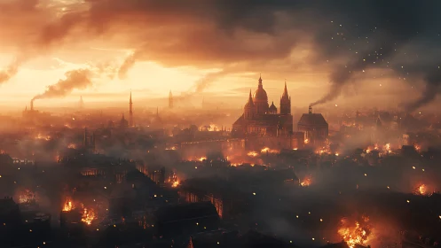 Industrial cityscape engulfed in smoke and flames at dusk.