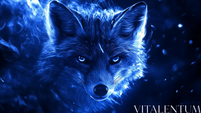 Luminous blue fox portrait in high-contrast digital glow.