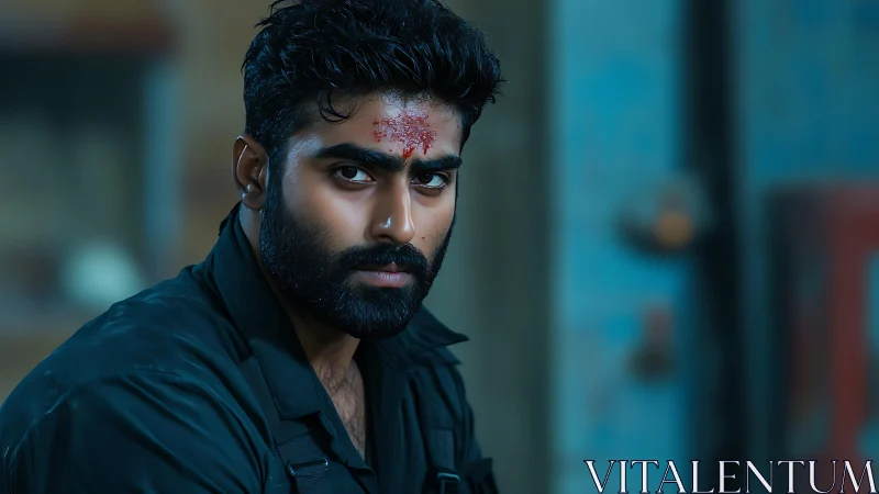 Intense bearded man with forehead mark in moody close-up.