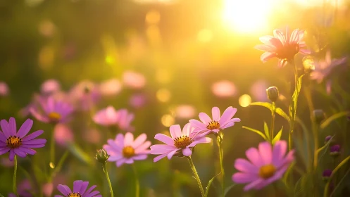 Pink Daisies Bathed in Golden Hour Sunlight.