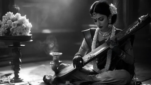 Serene classical musician in ornate black and white portrait.