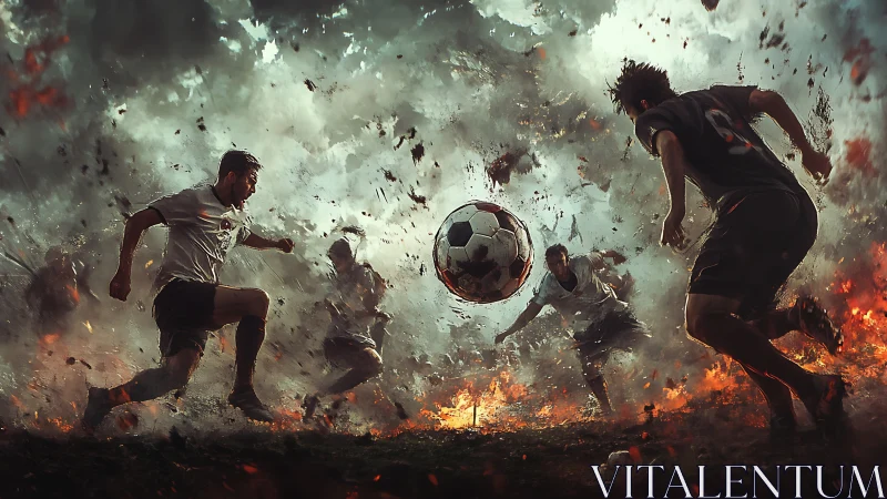 Soccer players chase ball through smoky, fiery battlefield
