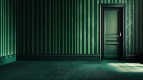 Emerald striped corridor quietly crowns a single waiting door