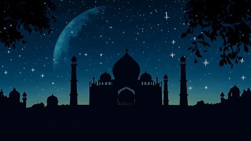 Mosque silhouette stands under starry sky with crescent moon