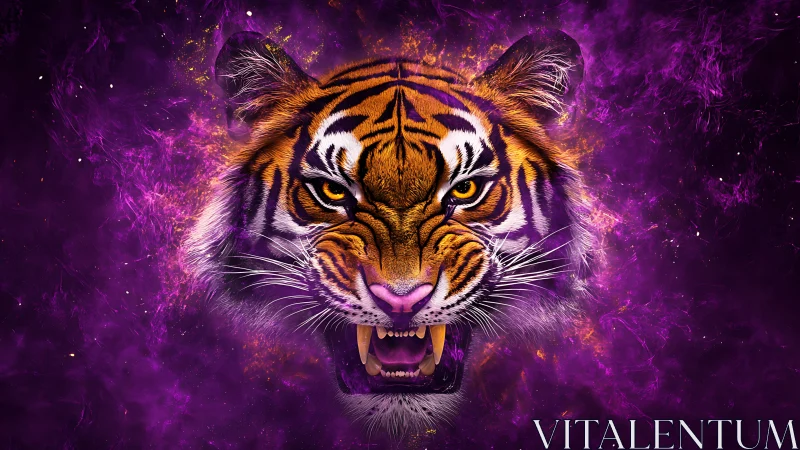 Neon storm tiger roars through ultraviolet cosmic smoke