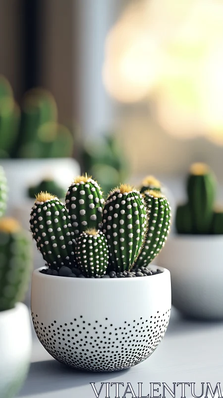 Clustered cacti in patterned ceramic pot on surface.