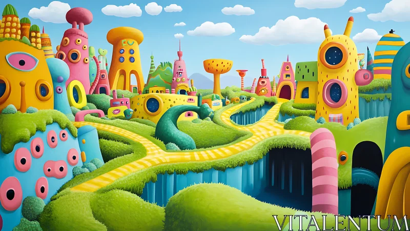 Chromatic alien cityscape rendered in playful digital surrealism