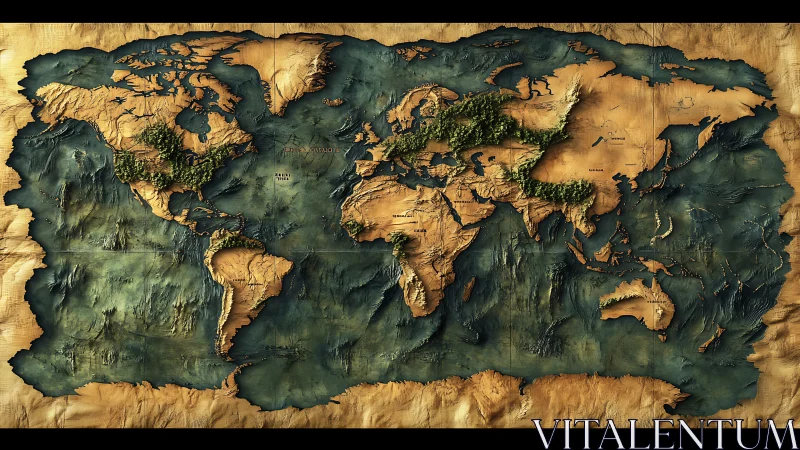 Relief world map with sculpted topography and aged parchment.