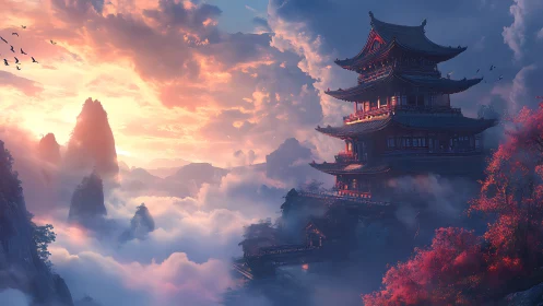 Sunrise temple above misty mountains and crimson forest.