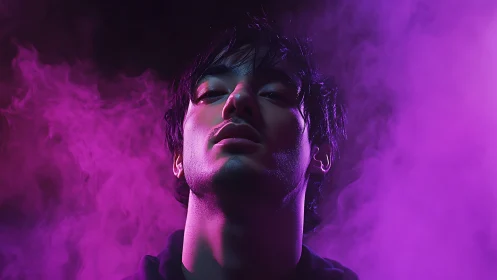 Moody portrait in neon magenta haze and dramatic shadows.
