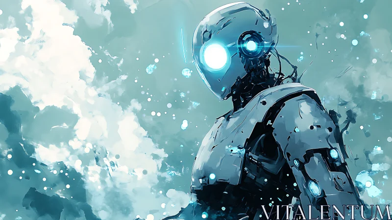 Futuristic robot gazes skyward in a luminous teal storm