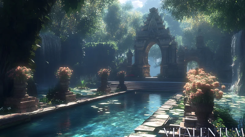 Lush temple water garden with volumetric lighting and stone arches