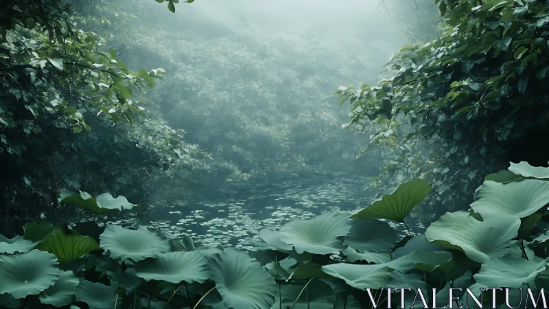 Misty jungle pond lies hidden beneath lush emerald foliage