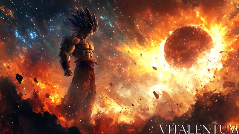 Muscular anime figure in fiery cosmic explosion scene.
