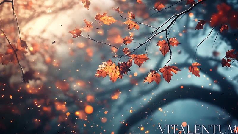 Soft autumn leaves drift like glowing sparks in cool dusk air