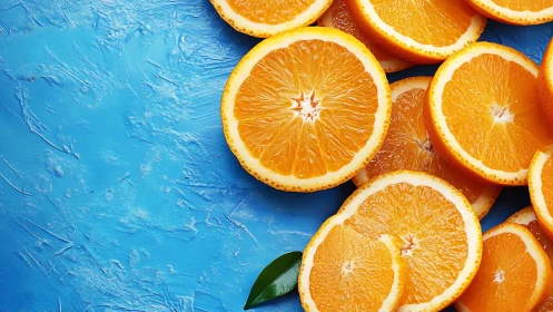 Citrus orange slices on textured electric blue backdrop.