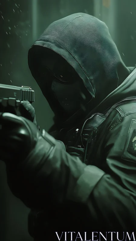 Midnight operative in neon mist, cloaked for silent impact.