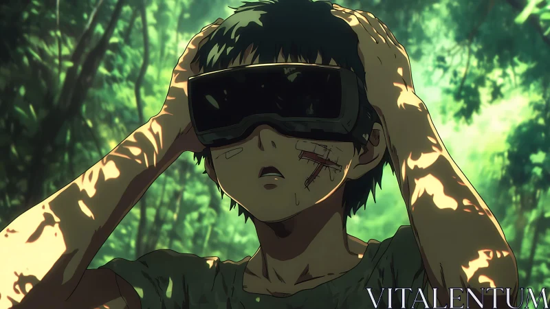 Injured youth in VR visor reacts under dappled jungle light