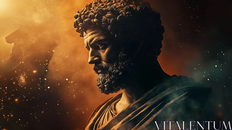 Stone bearded bust rendered against glowing cosmic cloud