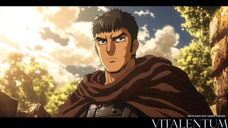 Armored warrior stands outdoors under bright afternoon sky