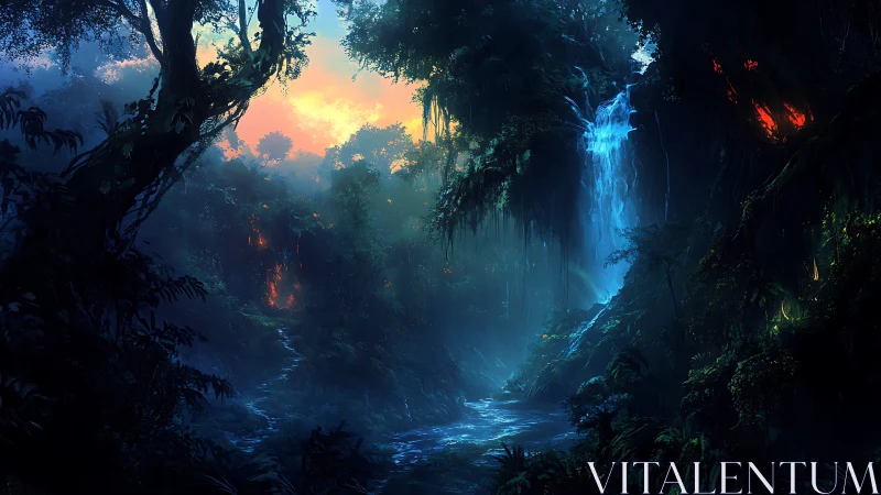 Luminescent Cavern Chasm with Cascading Waterfall and Dual-Source Illumination