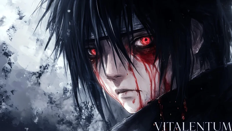 Bloodlit gaze of a broken warrior in stormed grayscale.